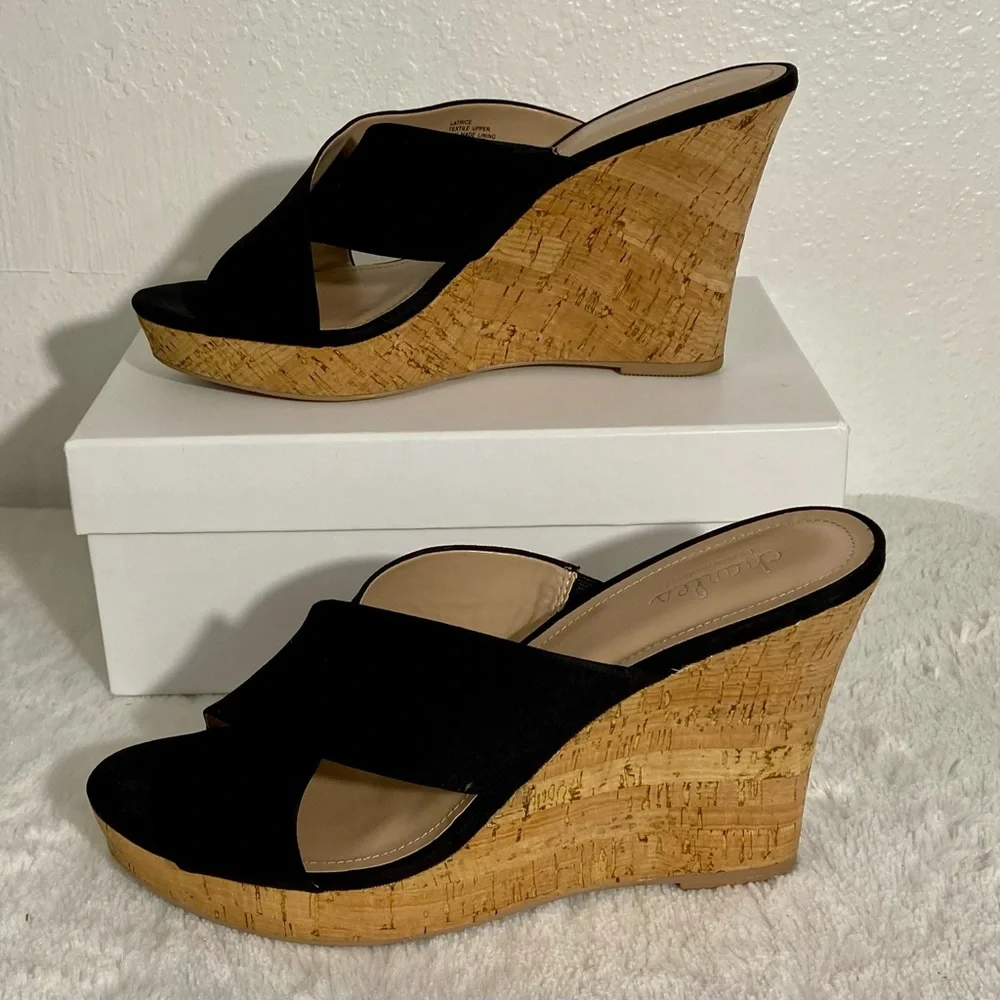 Charles by Charles David Latrice Black Cork Platform Wedge Sandals Size 10M